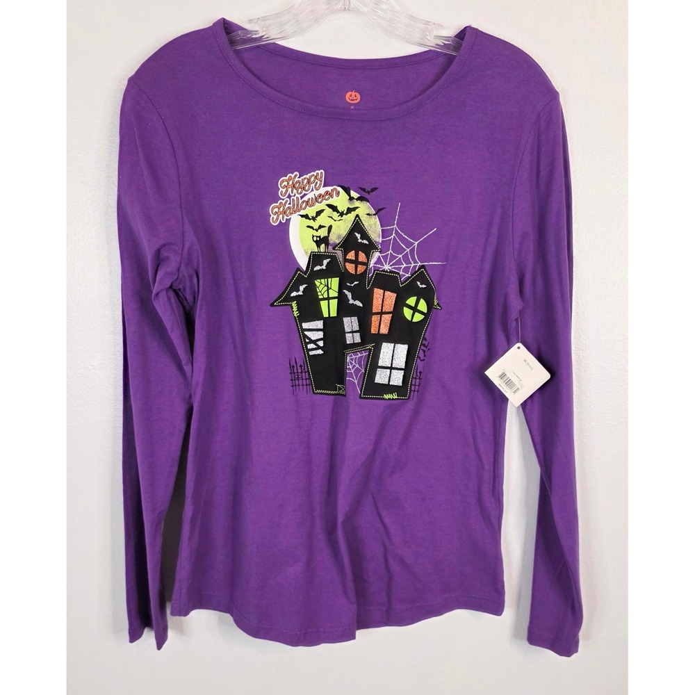 Halloween Girls Purple Haunted House Graphic Long Sleeve Cotton Tee Size M 8-10